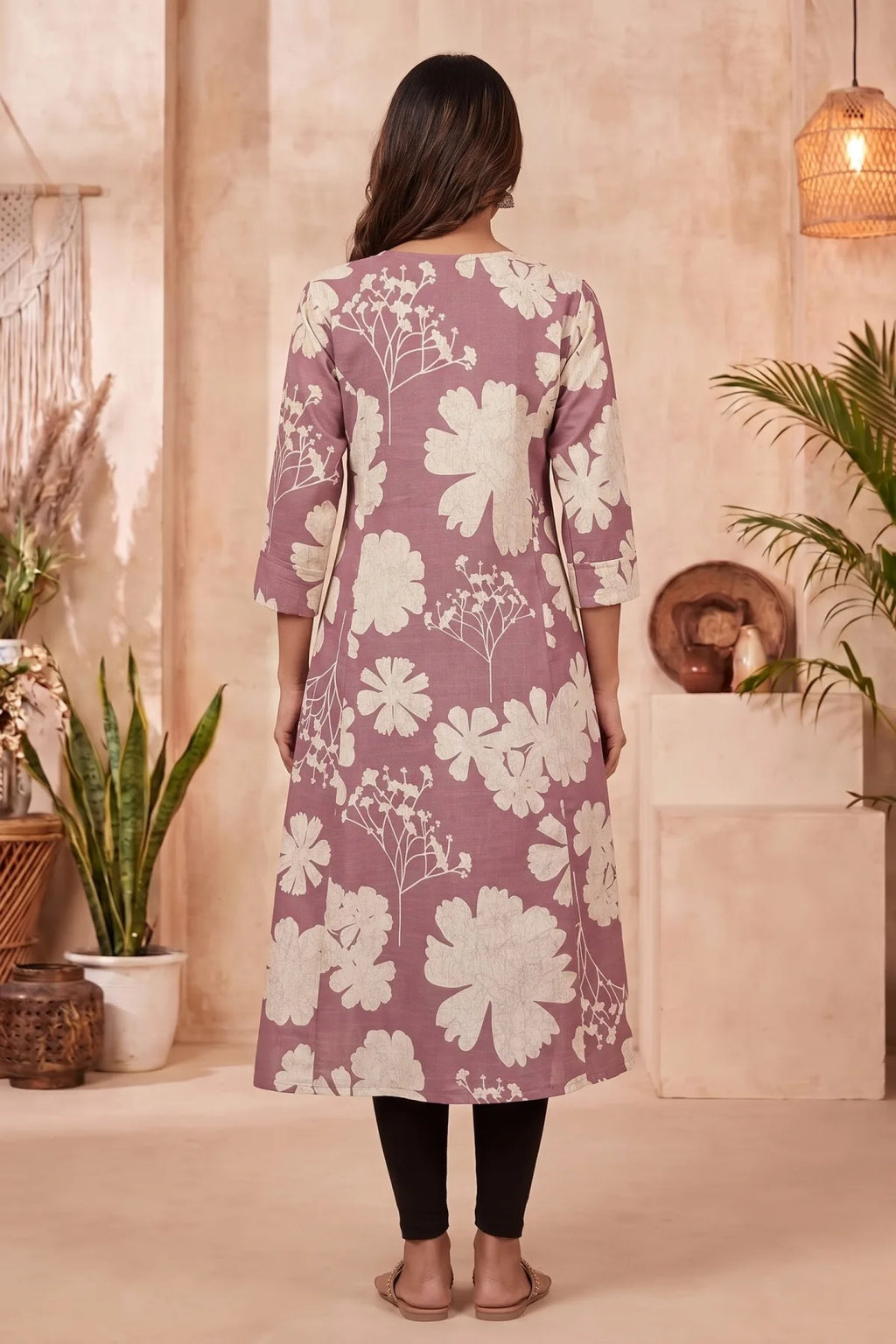 Onion Pink A Line Kurti with Large Floral Print