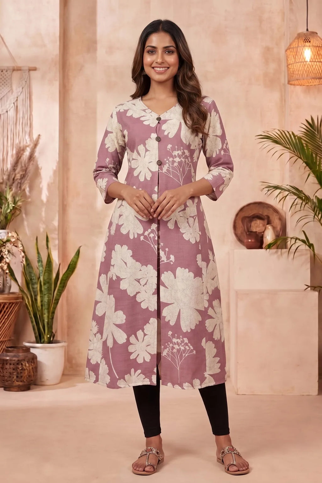 Onion Pink A Line Kurti with Large Floral Print