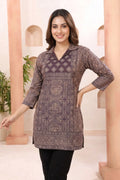 Mystic Wine Ajrakh Print Cotton Blend Short Kurti