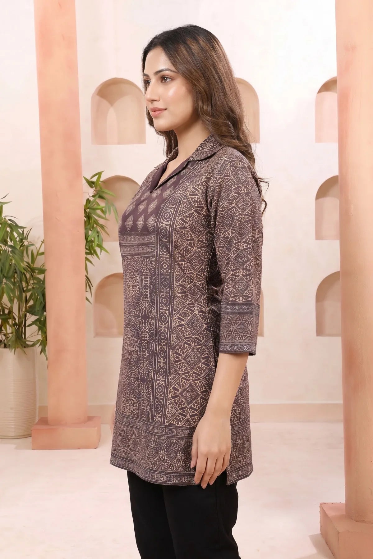 Mystic Wine Ajrakh Print Cotton Blend Short Kurti