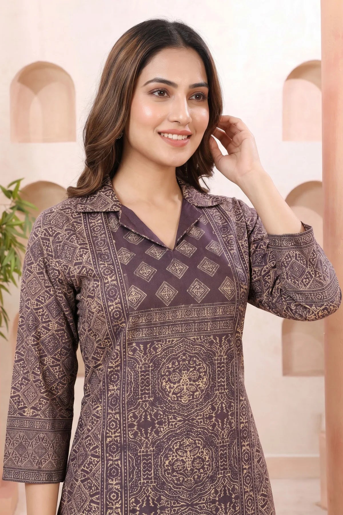 Mystic Wine Ajrakh Print Cotton Blend Short Kurti