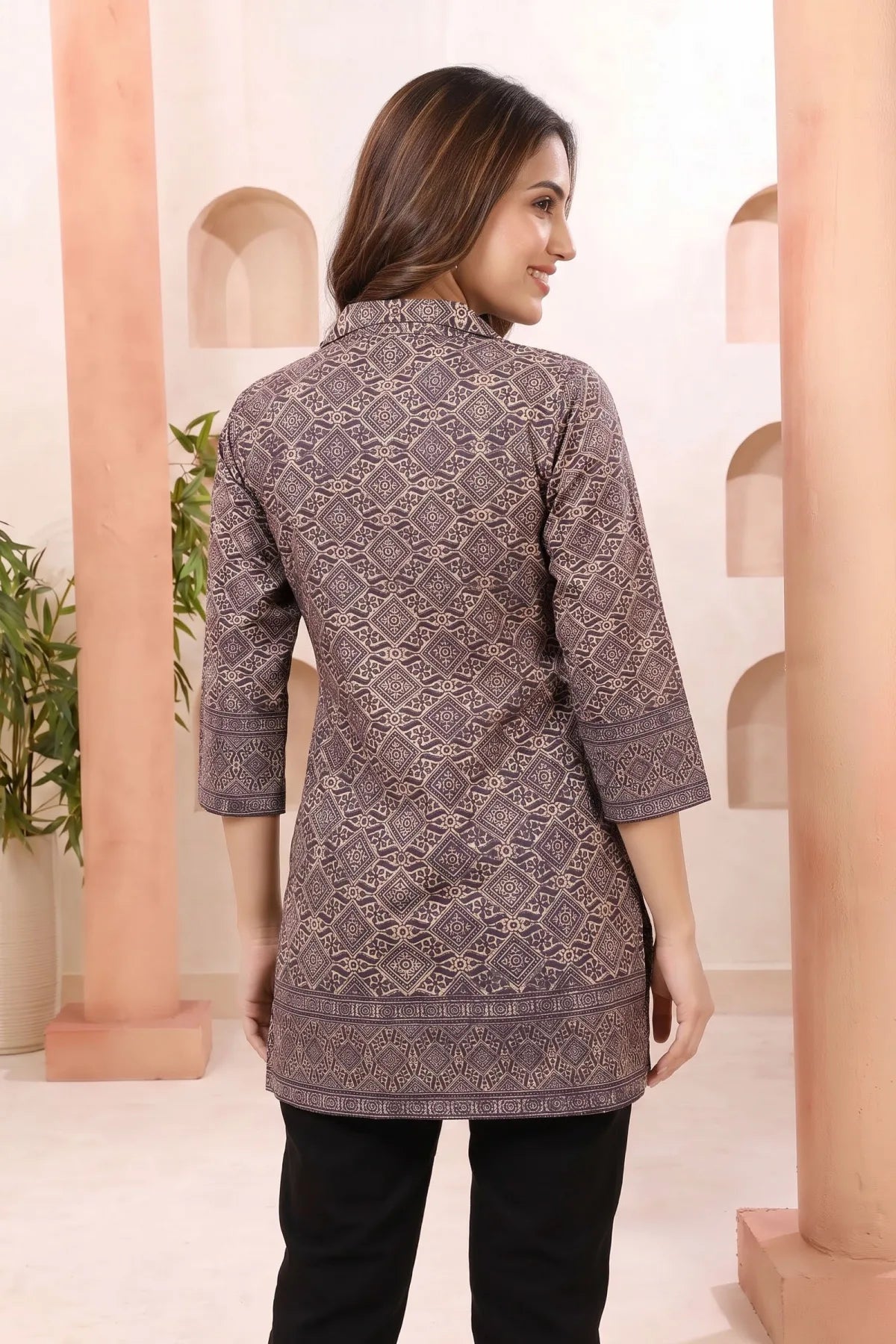 Mystic Wine Ajrakh Print Cotton Blend Short Kurti