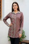 Olive Green Modal Azrakh Print Shirt Style Kurti Top