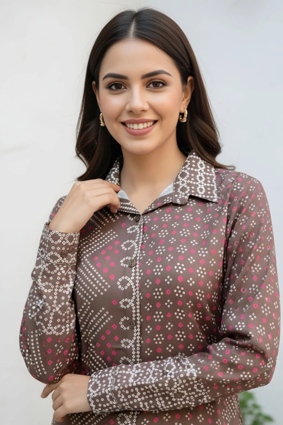 Olive Green Modal Azrakh Print Shirt Style Kurti Top