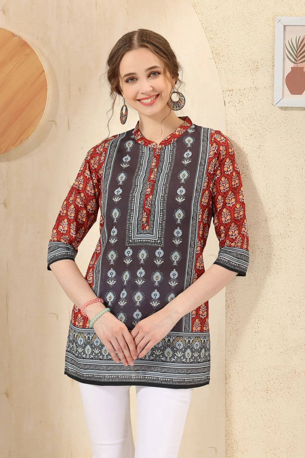 Pink Cotton Print Mandarin Collar Short Tunic Top