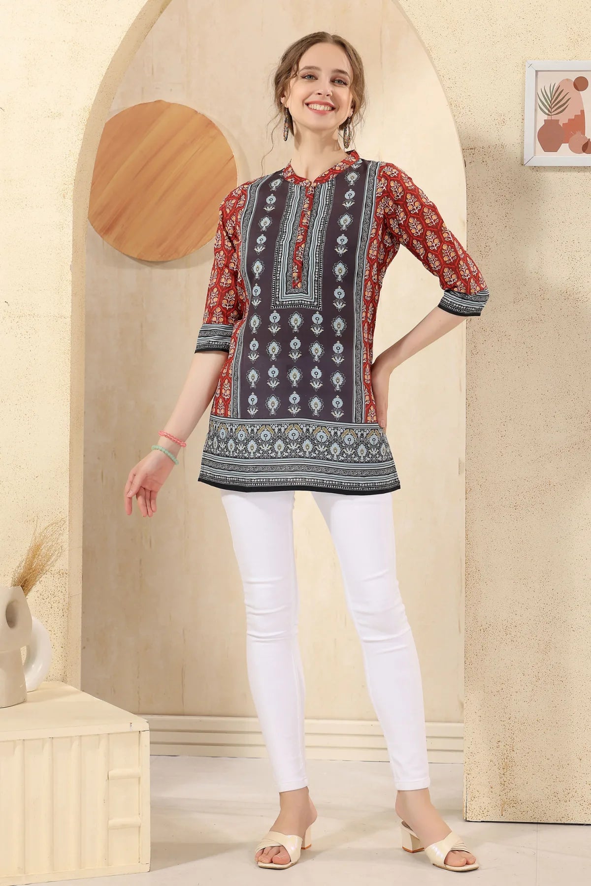 Pink Cotton Print Mandarin Collar Short Tunic Top