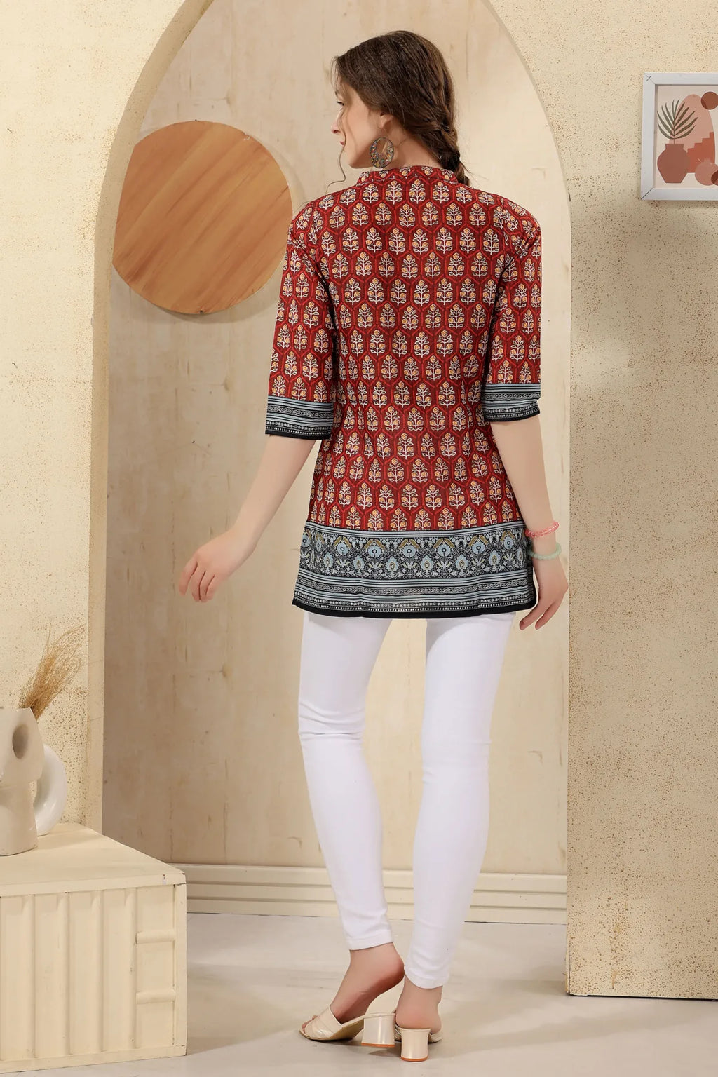 Pink Cotton Print Mandarin Collar Short Tunic Top