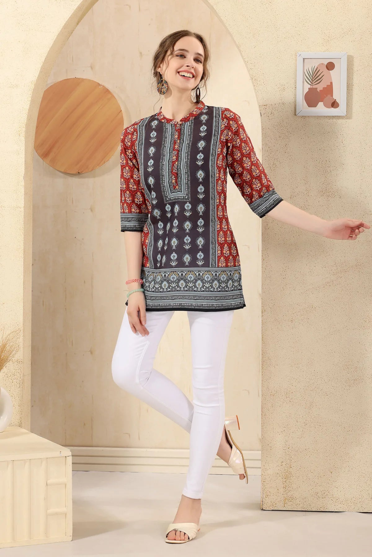 Pink Cotton Print Mandarin Collar Short Tunic Top