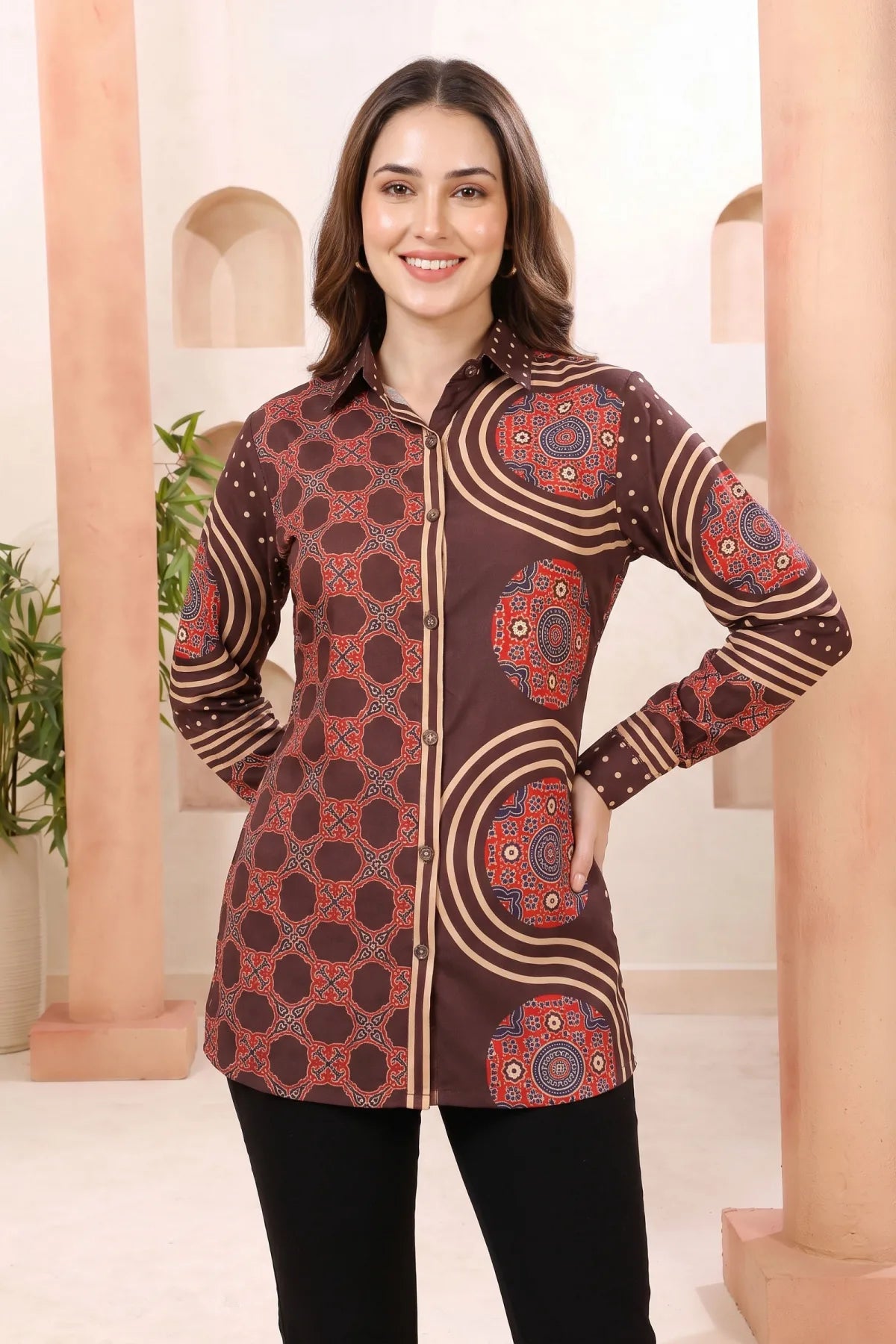 Coffee Brown Modal Silk Shirt Style Tunic