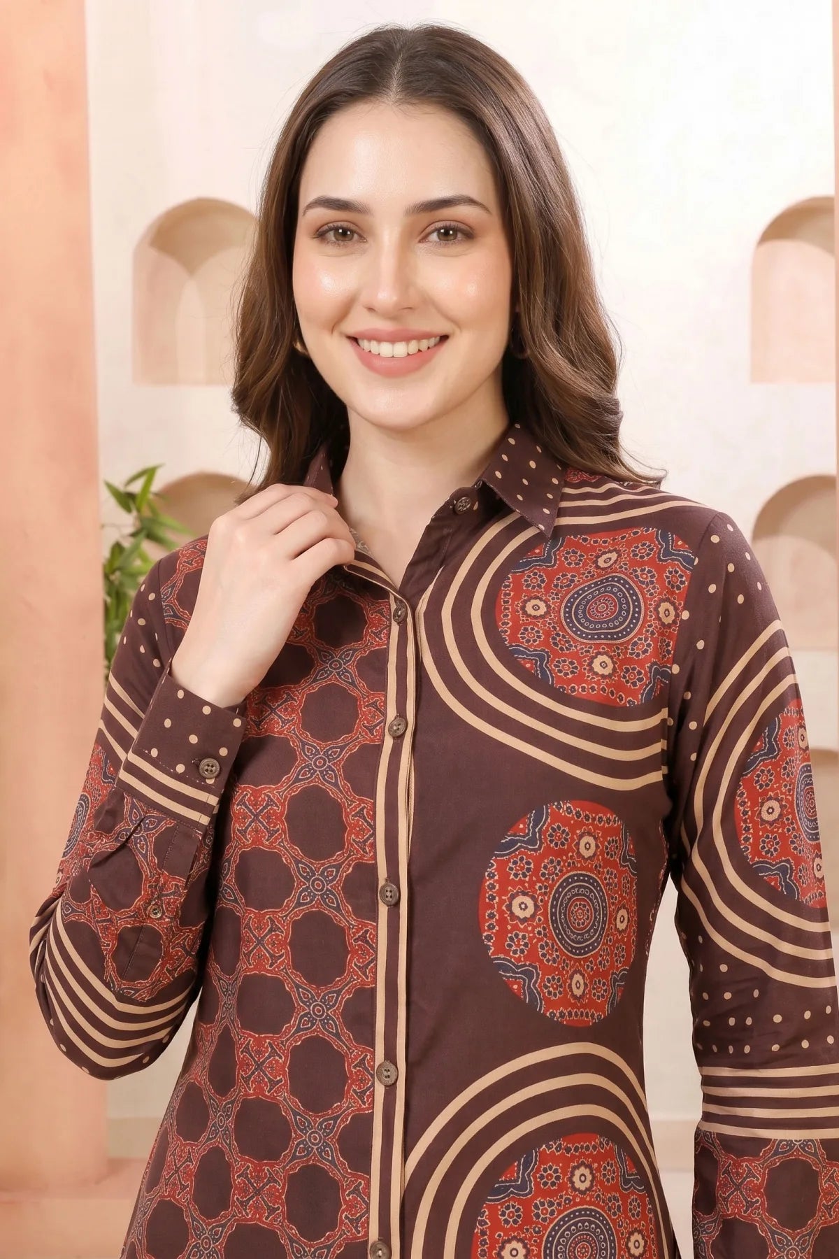 Coffee Brown Modal Silk Shirt Style Tunic