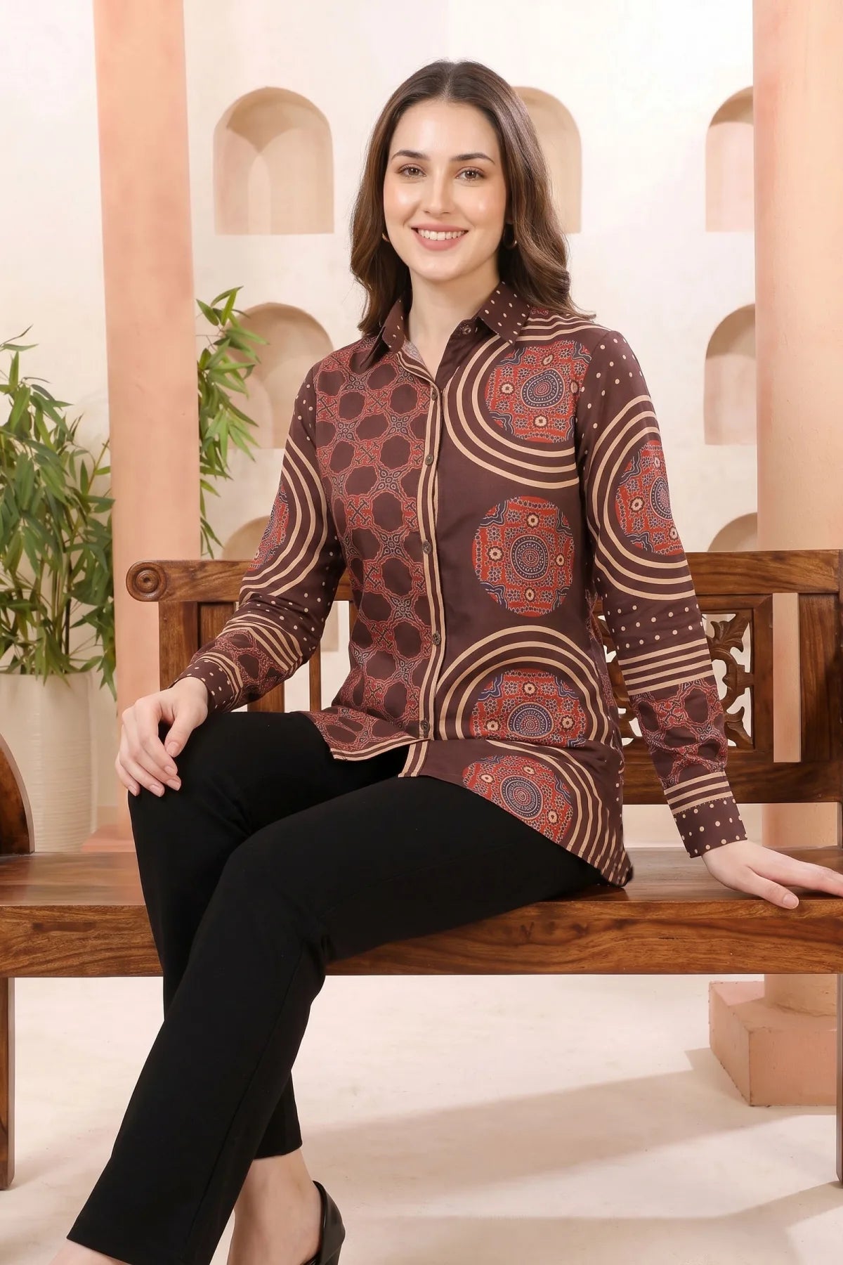 Coffee Brown Modal Silk Shirt Style Tunic