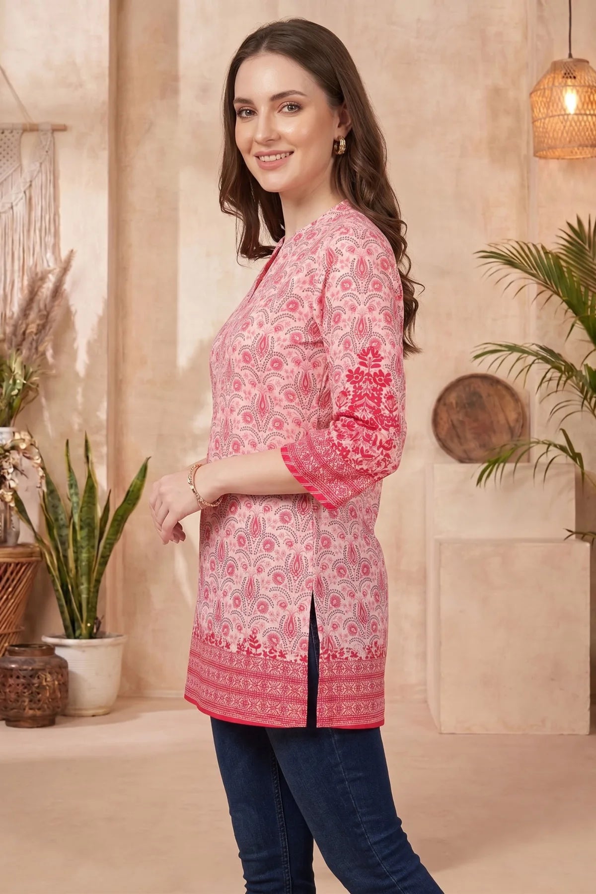 Pinky Peach Paisley Printed Short Kurti with Red Floral Border