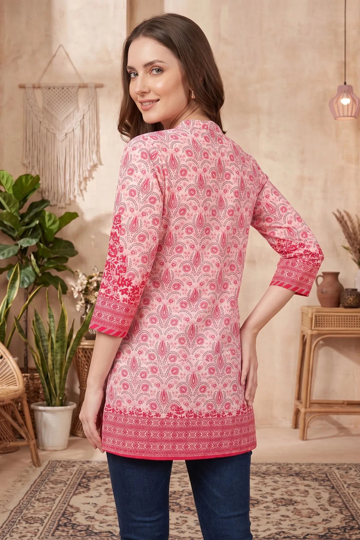 Pinky Peach Paisley Printed Short Kurti with Red Floral Border