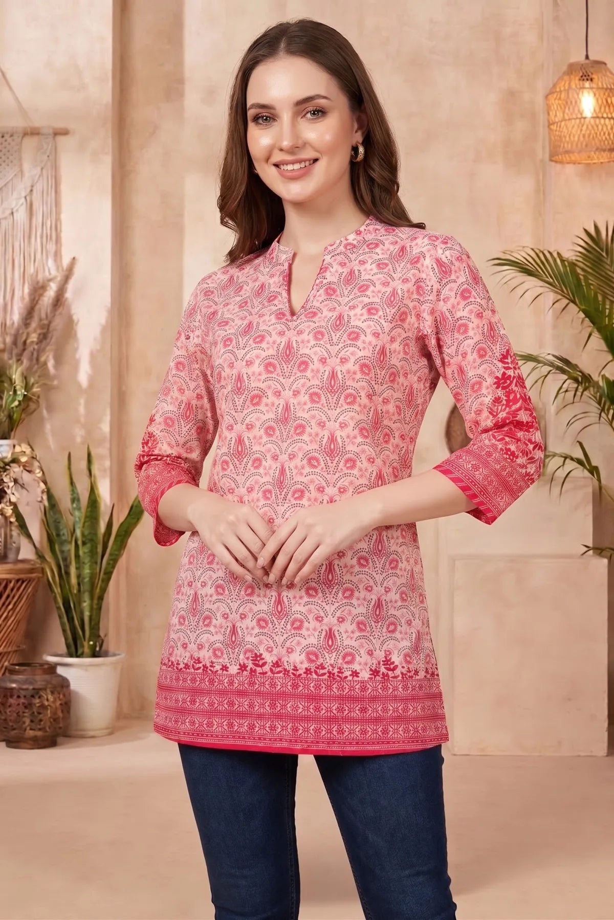 Pinky Peach Paisley Printed Short Kurti with Red Floral Border