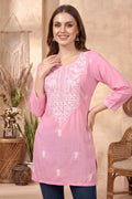 Pink Rayon Chikankari Short Kurti with White Floral Embroidery