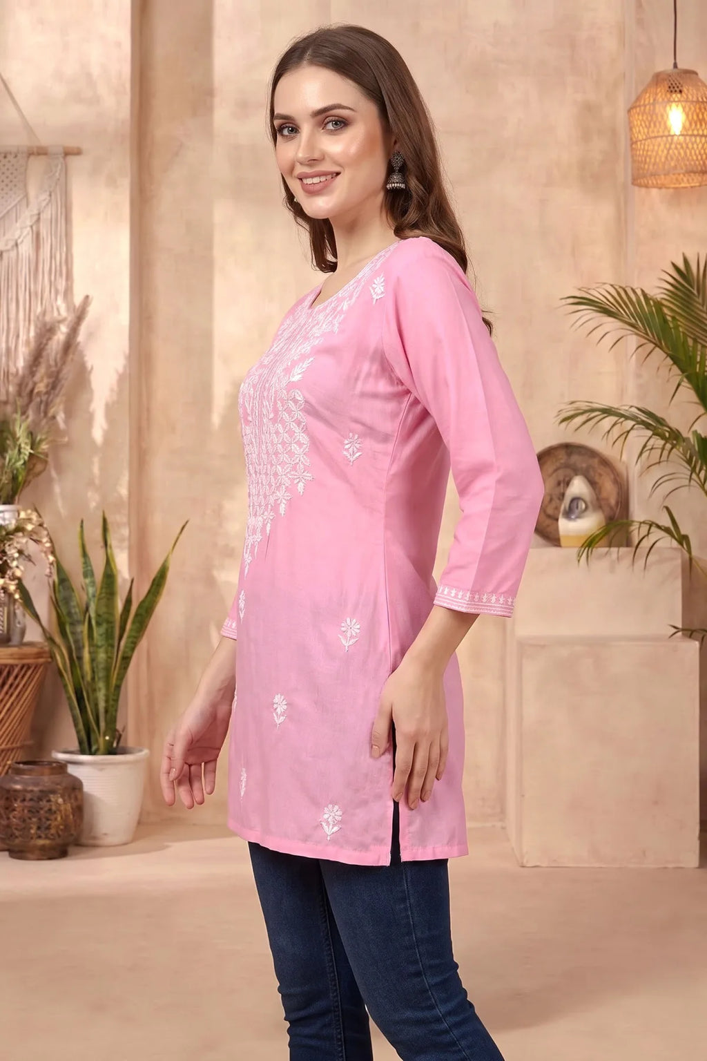 Pink Rayon Chikankari Short Kurti with White Floral Embroidery