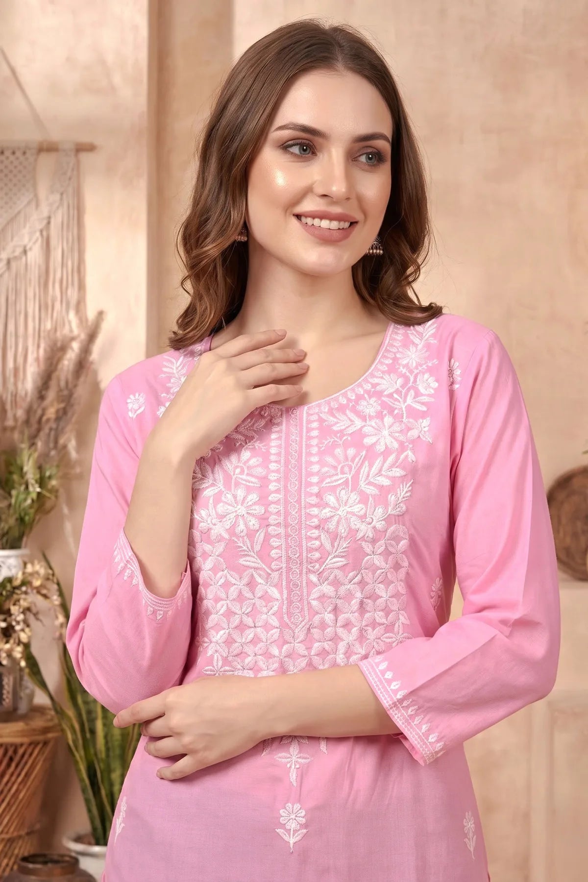 Pink Rayon Chikankari Short Kurti with White Floral Embroidery