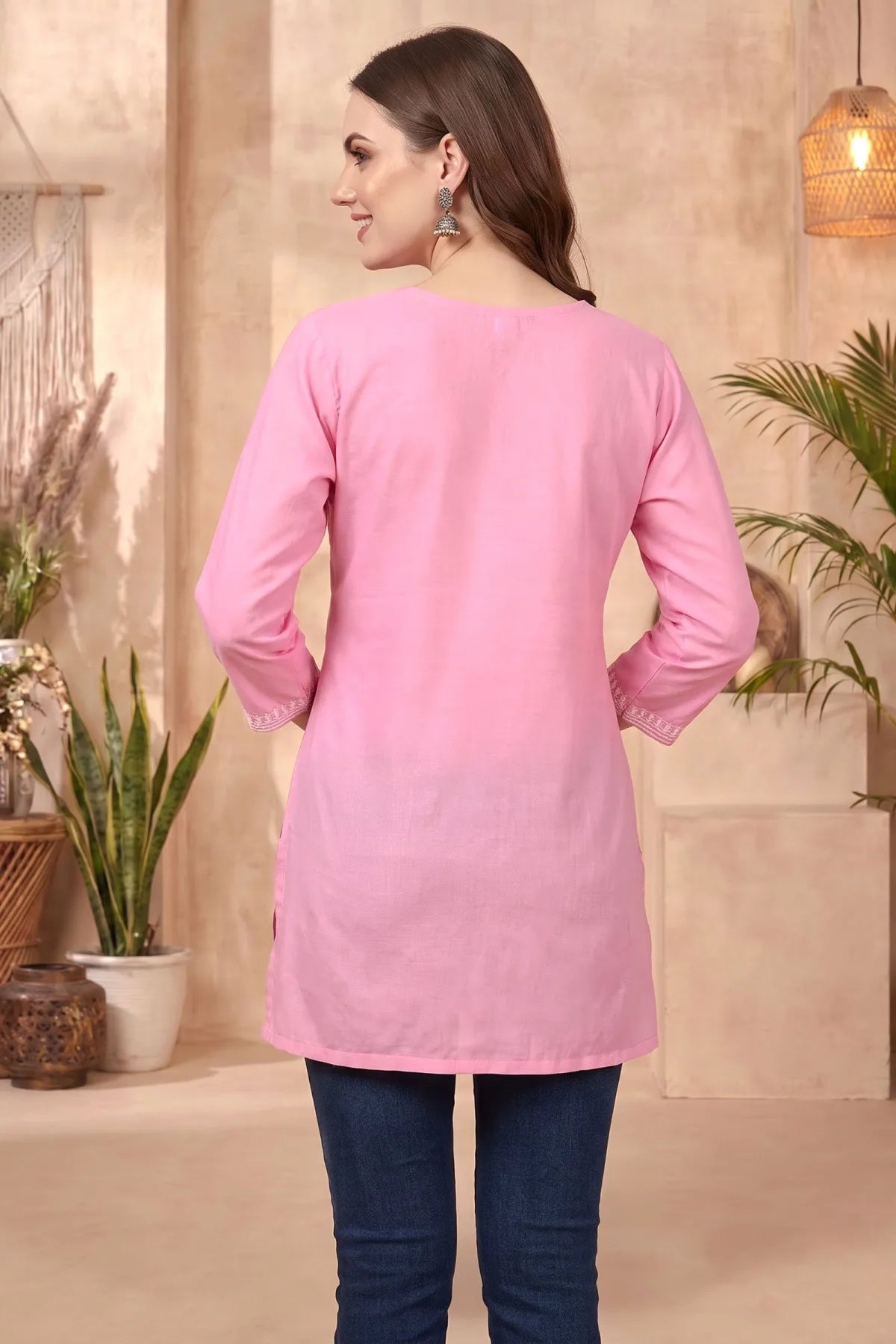 Pink Rayon Chikankari Short Kurti with White Floral Embroidery