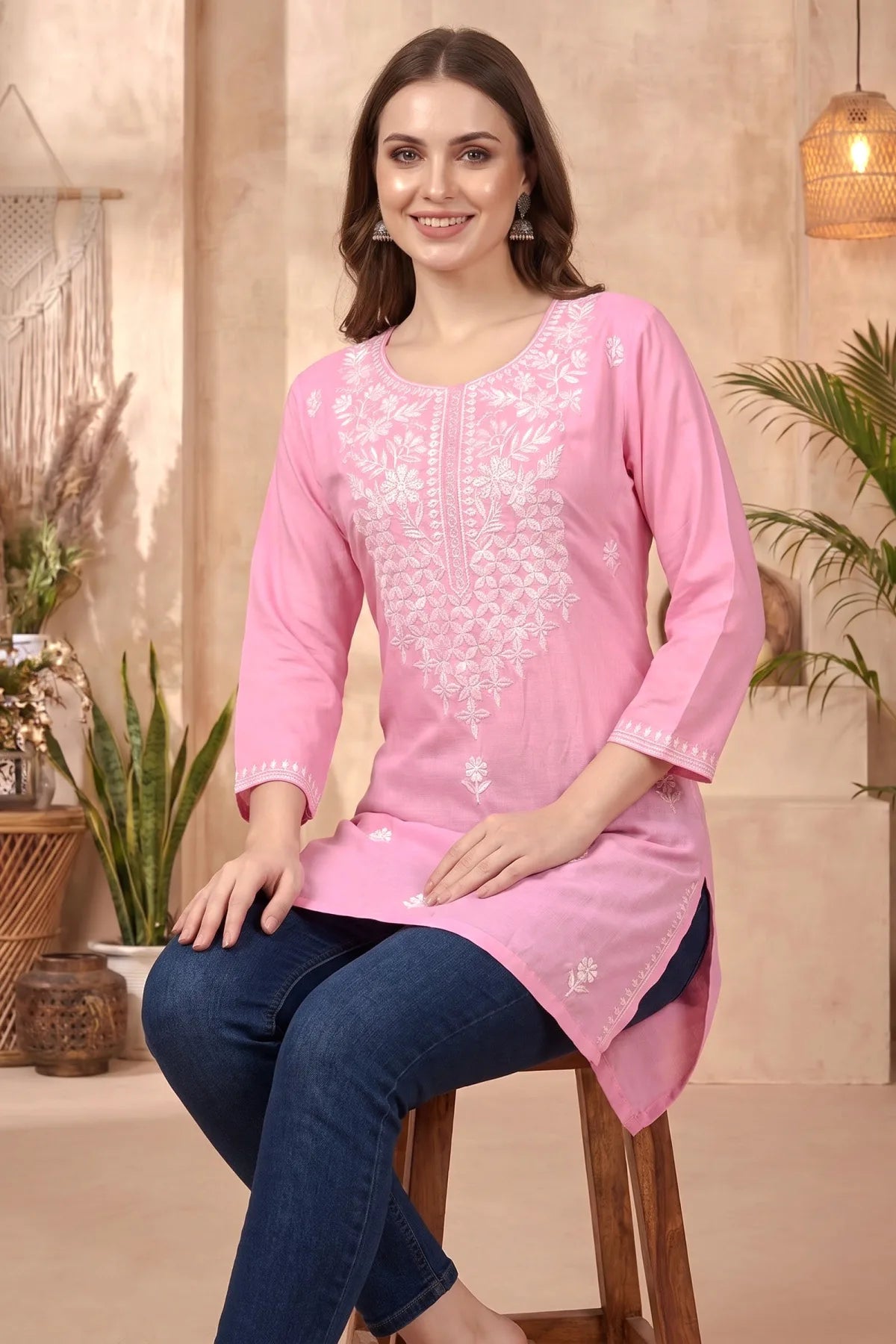 Pink Rayon Chikankari Short Kurti with White Floral Embroidery