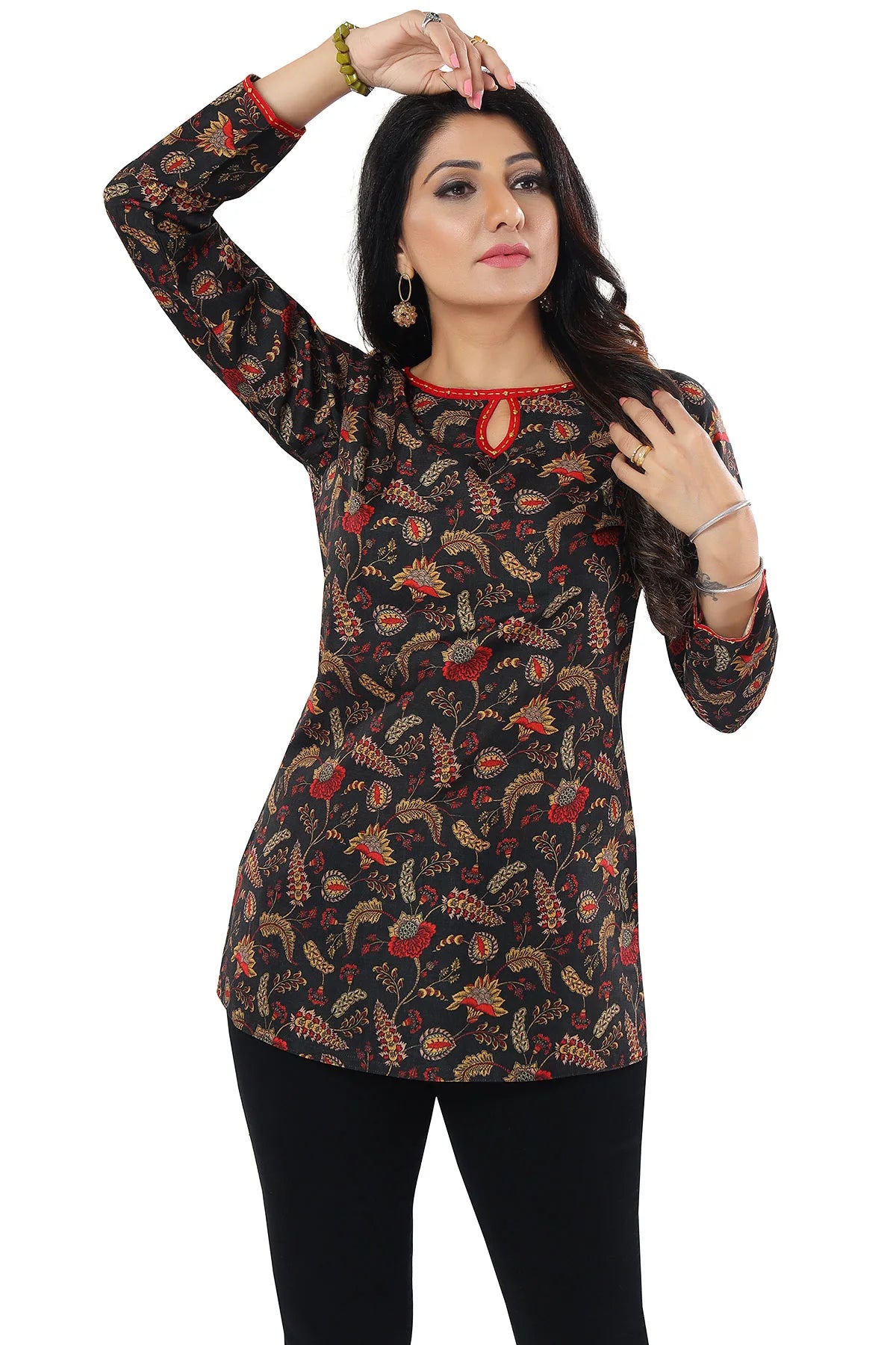 Black Cotton Slub Printed Short Kurti