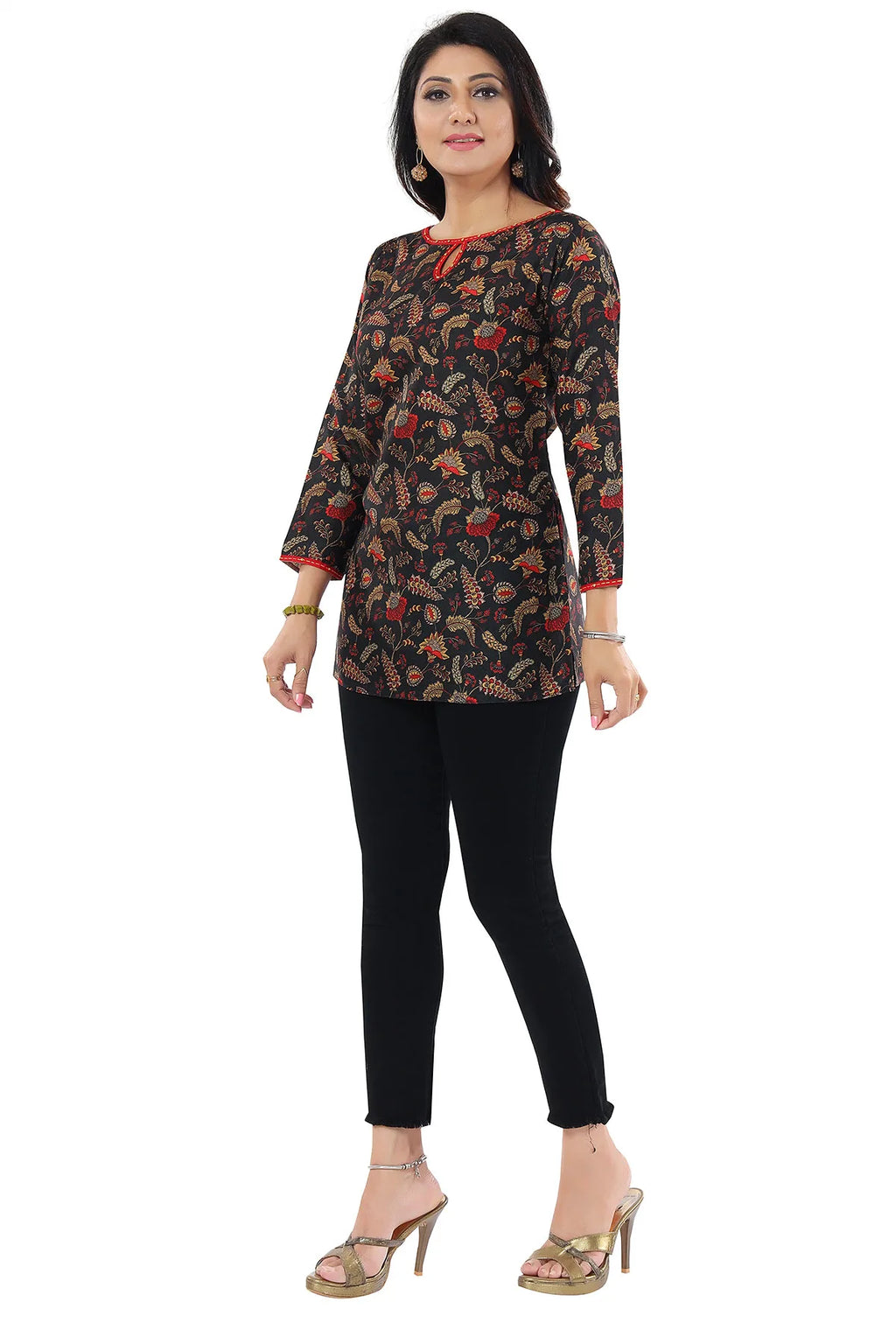 Black Cotton Slub Printed Short Kurti