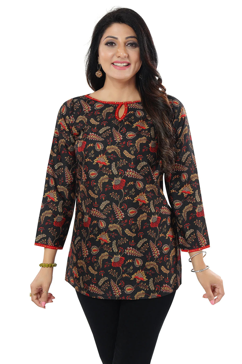 Black Cotton Slub Printed Short Kurti