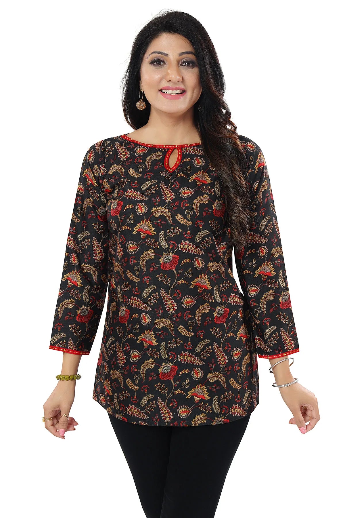 Black Cotton Slub Printed Short Kurti