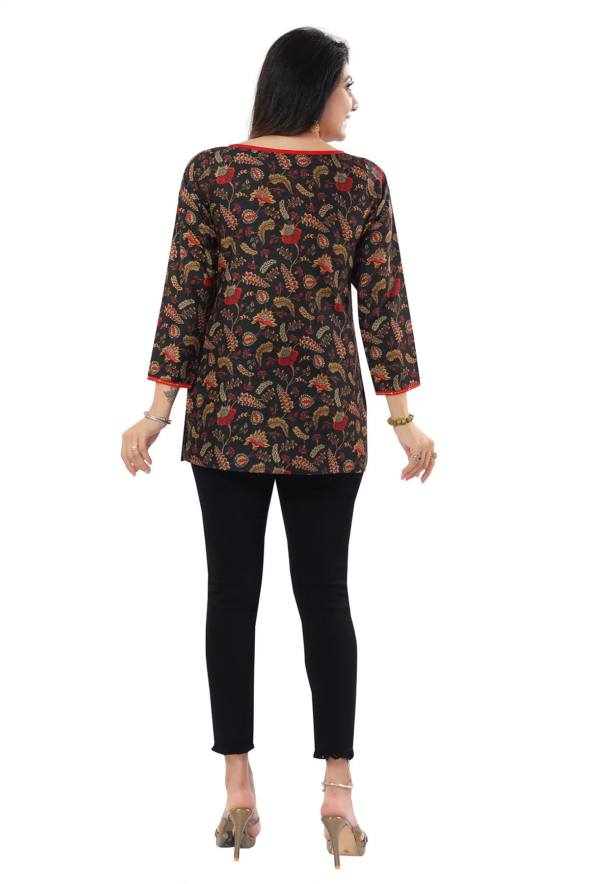 Black Cotton Slub Printed Short Kurti