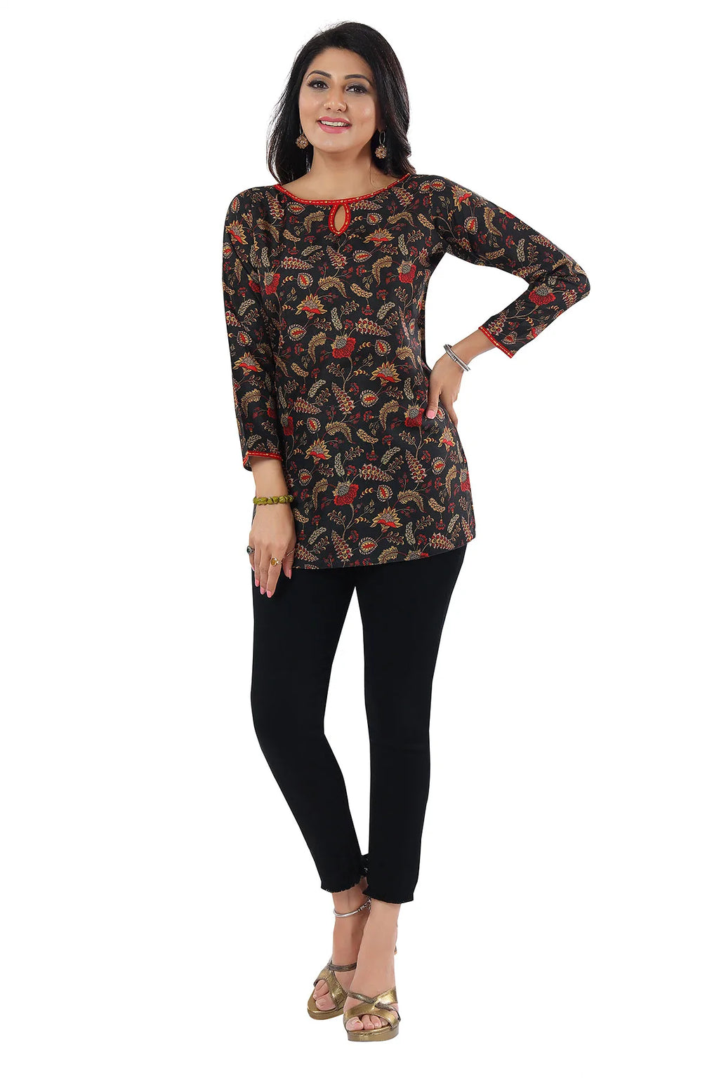 Black Cotton Slub Printed Short Kurti