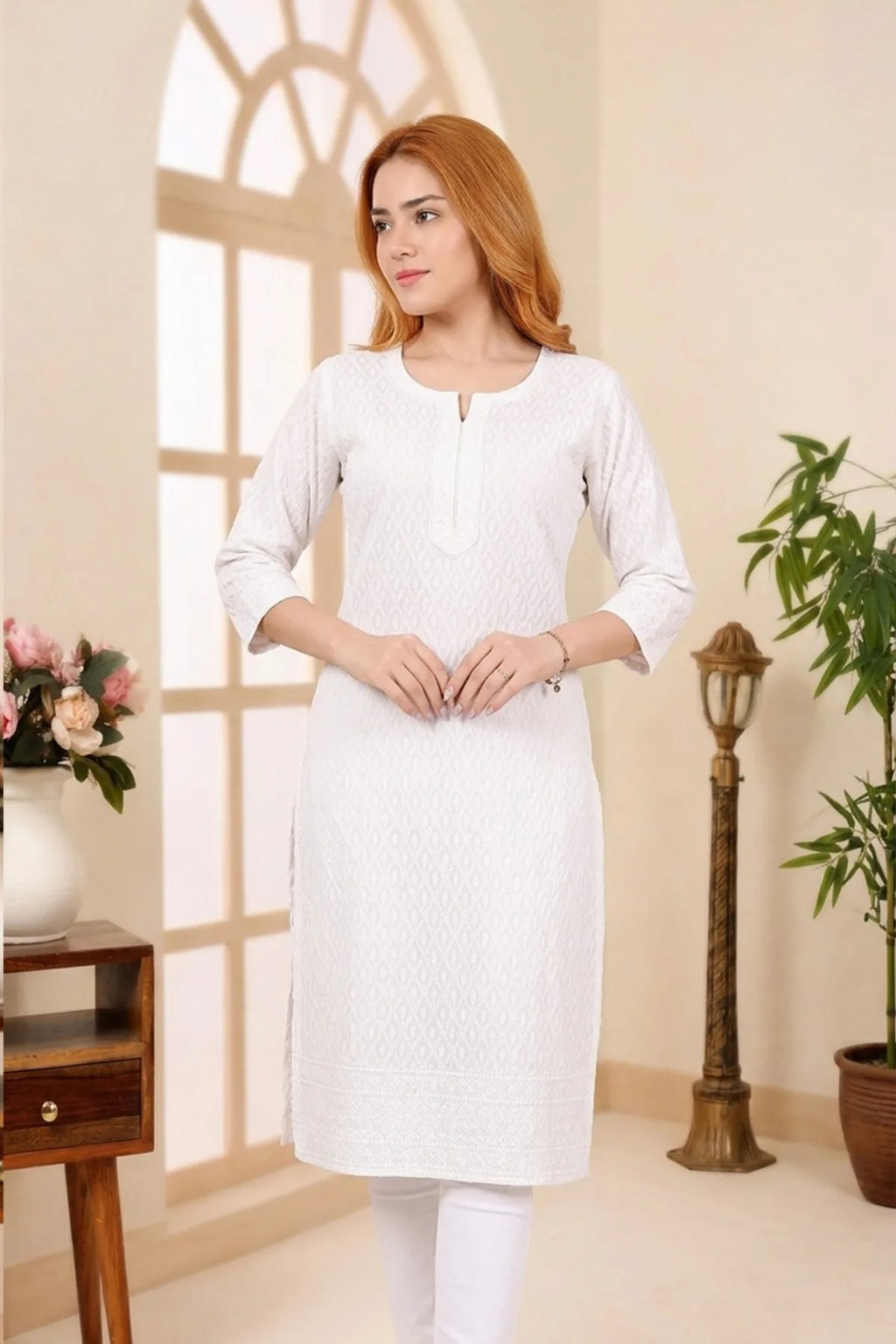 Pure White Rayon Chikankari Straight Long Kurta for Women