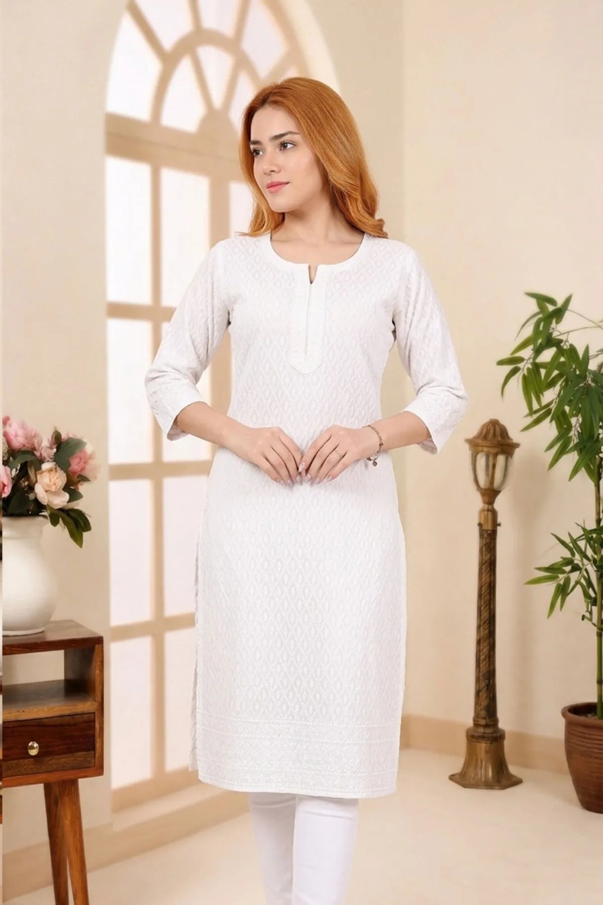Pure White Rayon Chikankari Straight Long Kurta for Women
