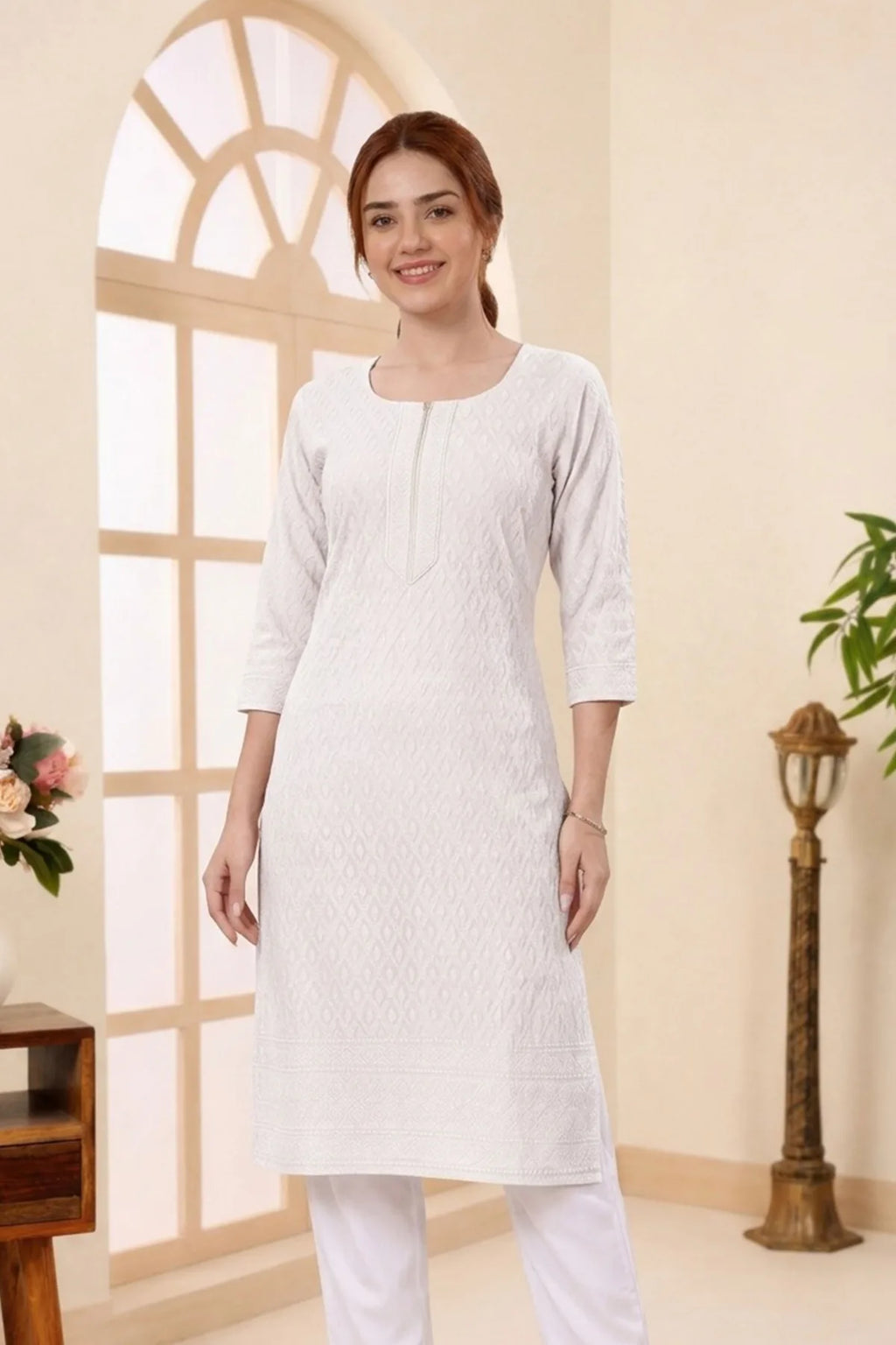Pure White Rayon Chikankari Straight Long Kurta for Women
