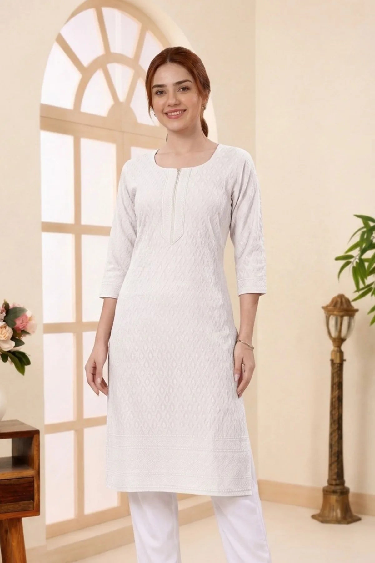 Pure White Rayon Chikankari Straight Long Kurta for Women