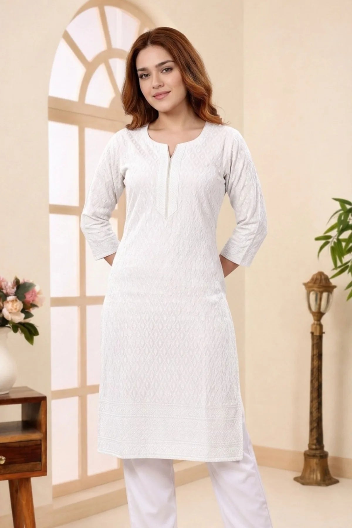 Pure White Rayon Chikankari Straight Long Kurta for Women