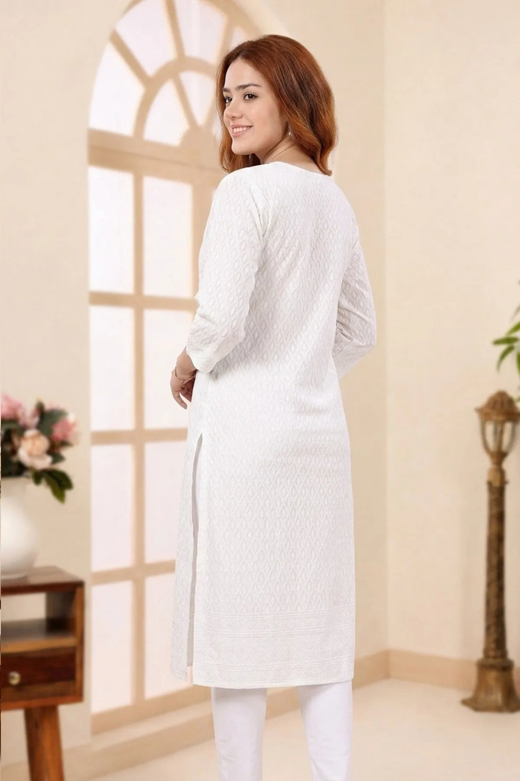 Pure White Rayon Chikankari Straight Long Kurta for Women