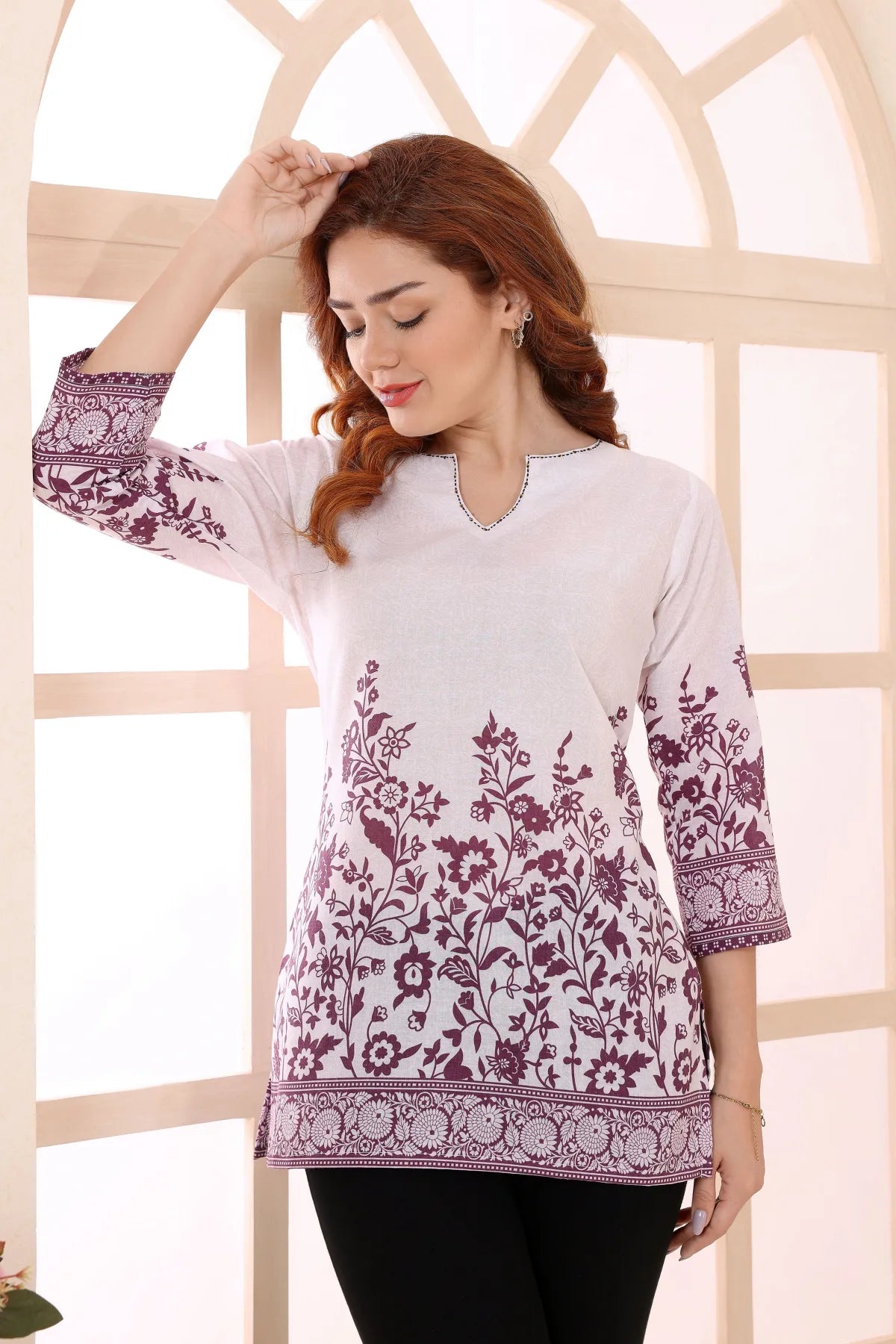 Purple Cotton Short Kurti Tunic Top with Ethnic Motifs