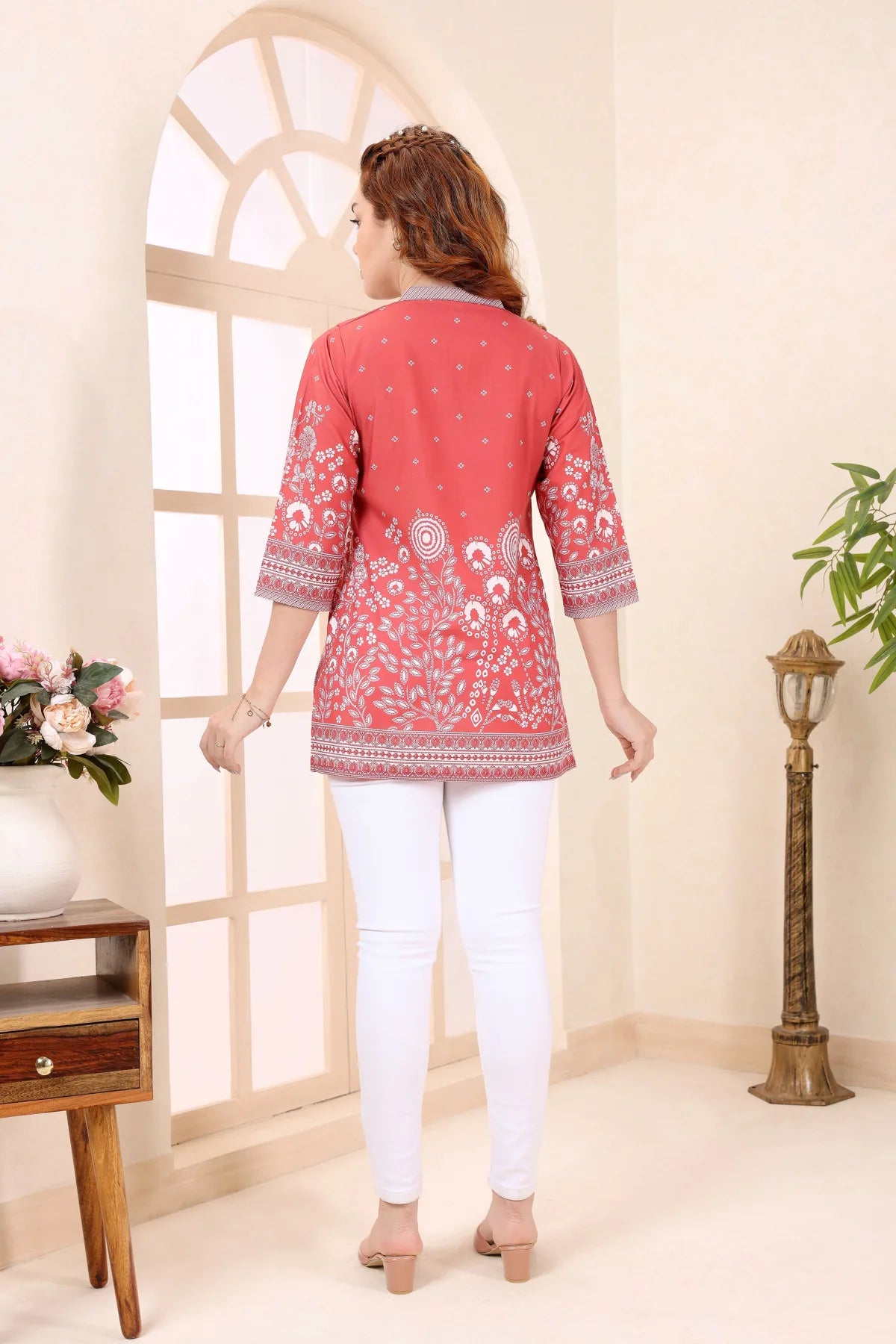 Red Cotton Short Kurti with Floral Print