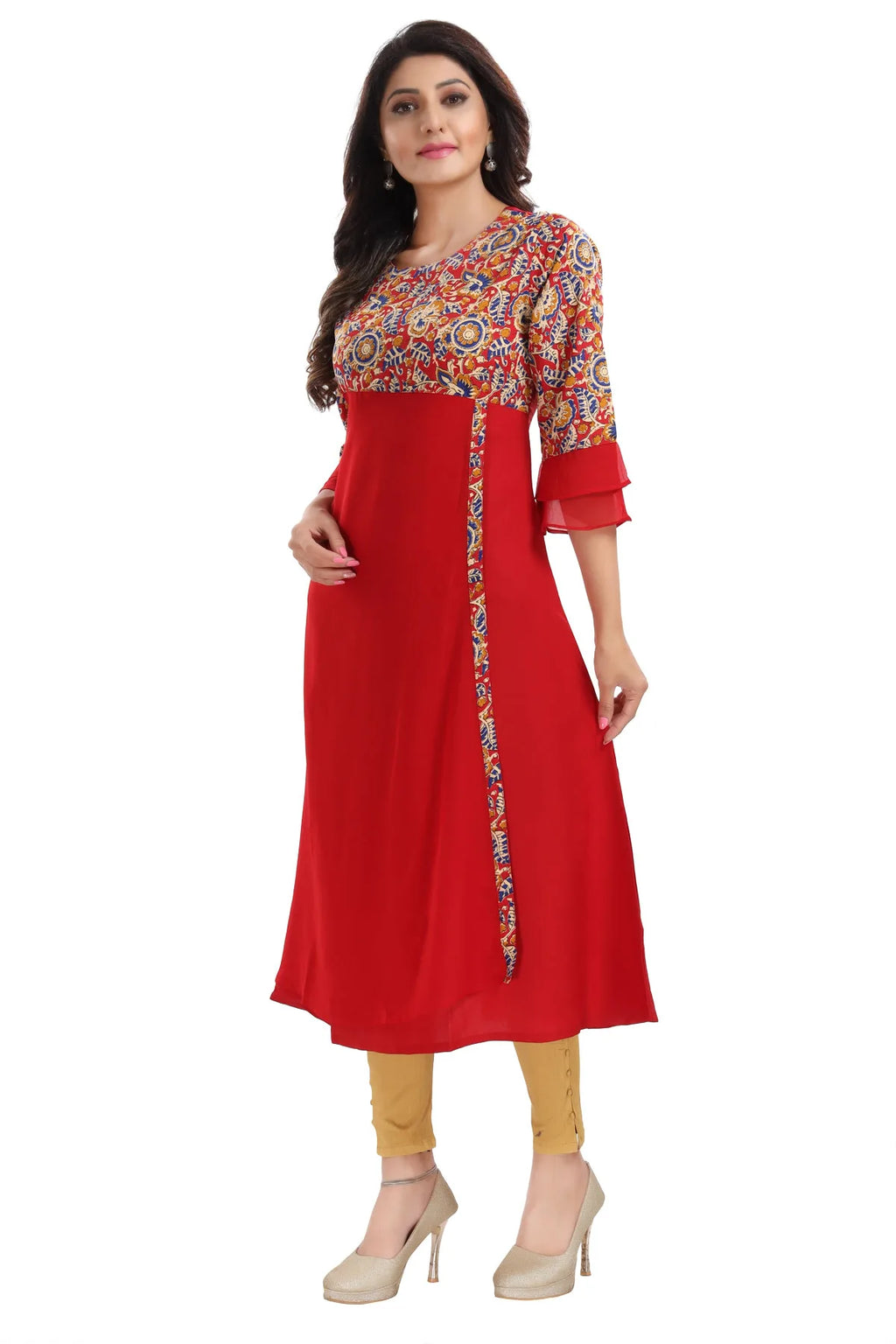 Red Georgette Flared Long Kurti with Floral Print
