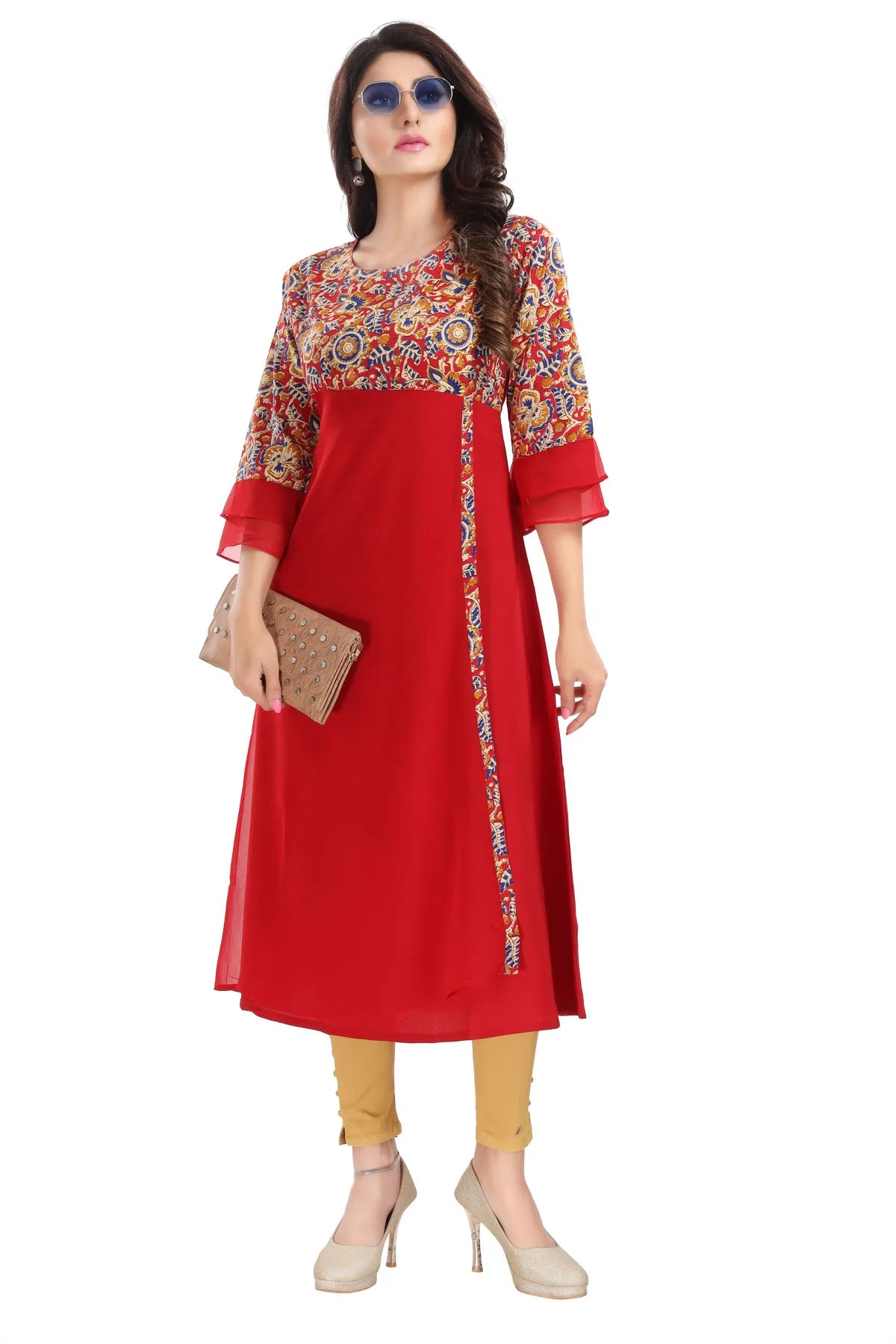 Red Georgette Flared Long Kurti with Floral Print