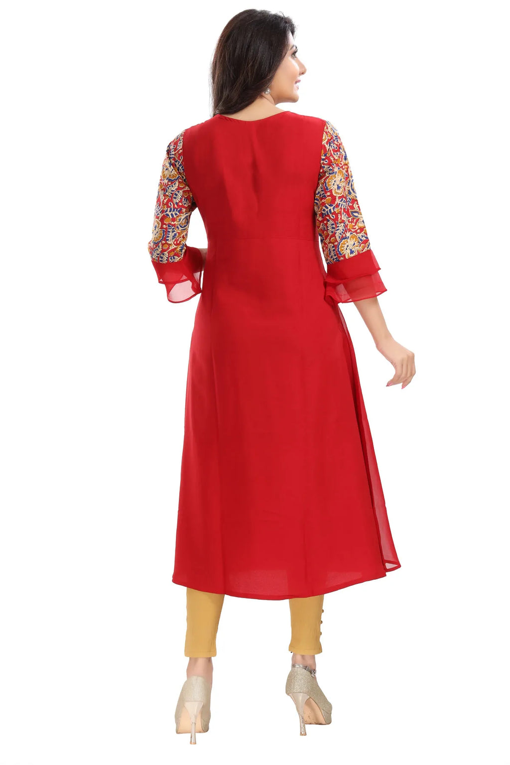 Red Georgette Flared Long Kurti with Floral Print