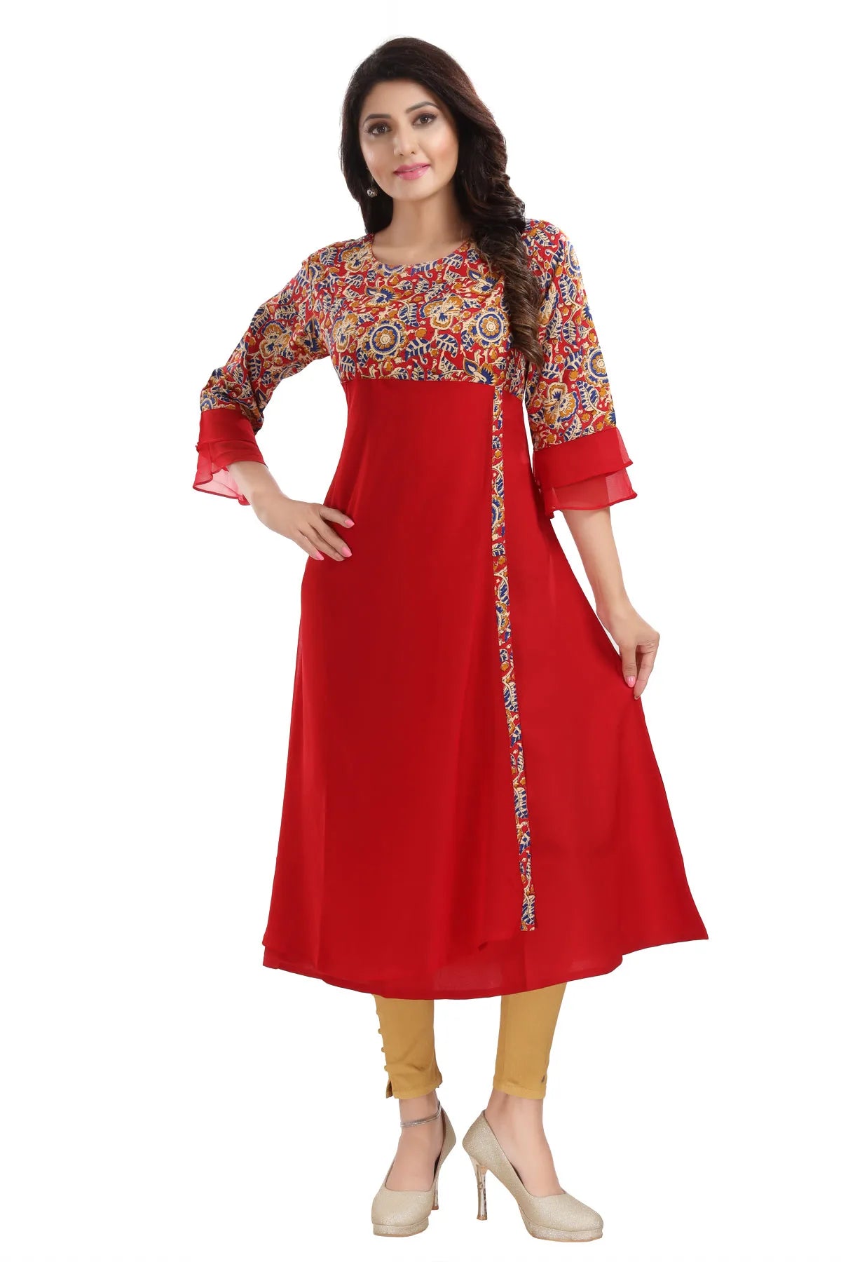 Red Georgette Flared Long Kurti with Floral Print