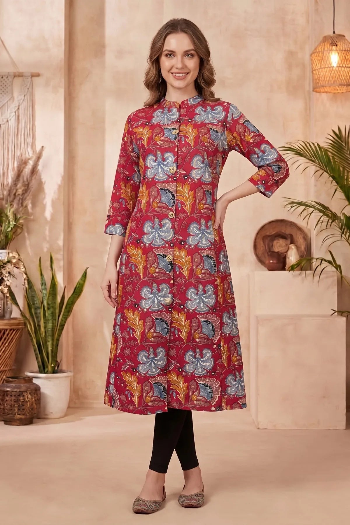 Cherry Red A-Line Long Kurta with Floral Print