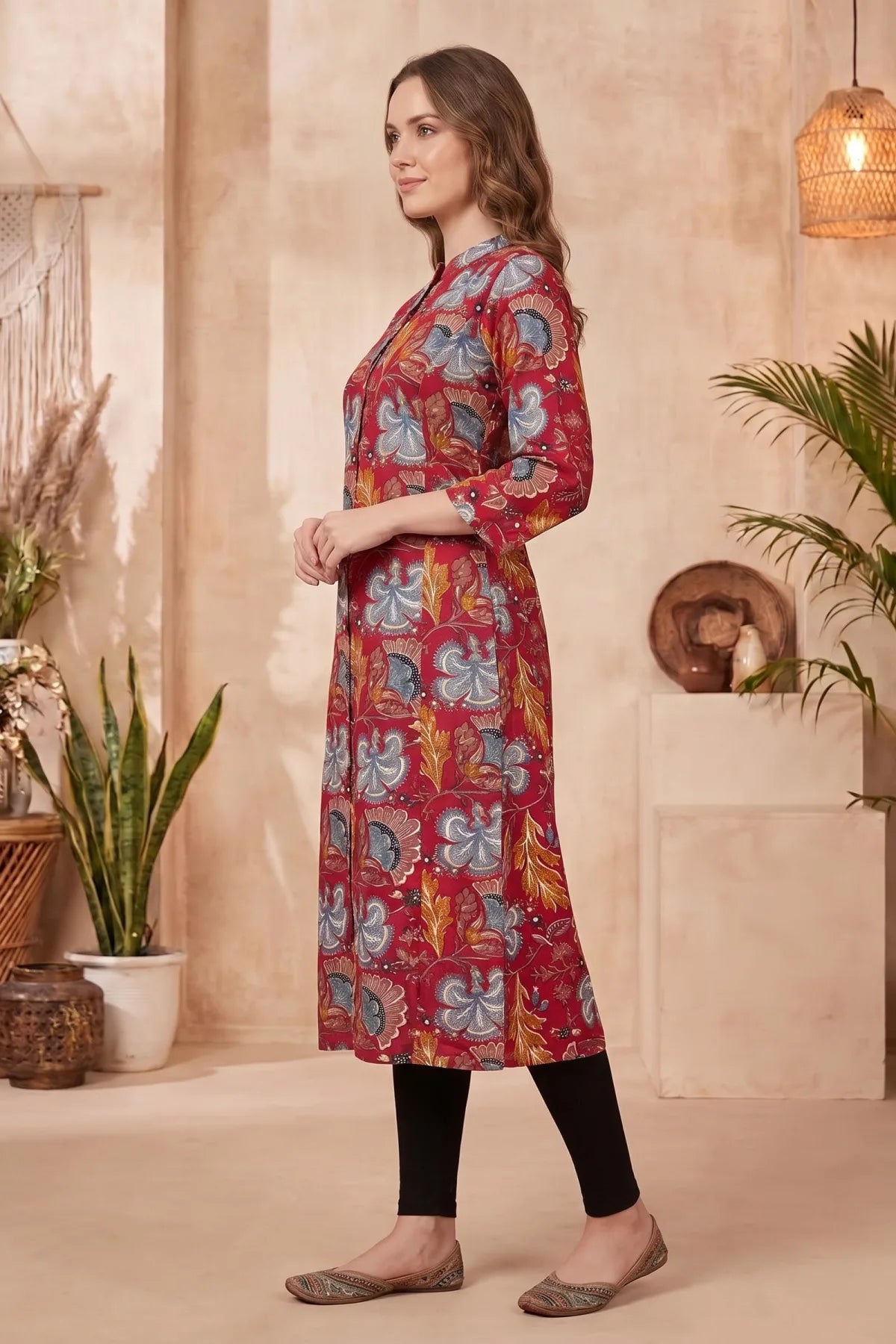 Cherry Red A-Line Long Kurta with Floral Print