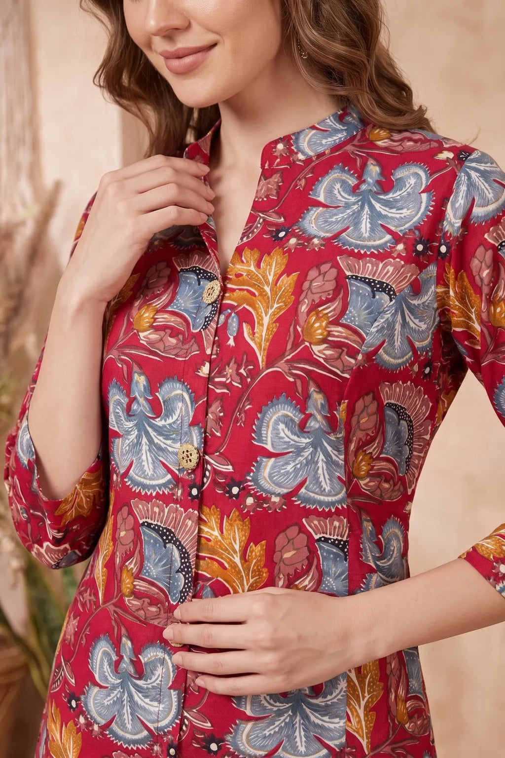 Cherry Red A-Line Long Kurta with Floral Print