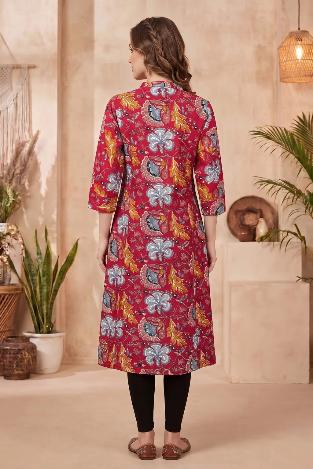 Cherry Red A-Line Long Kurta with Floral Print