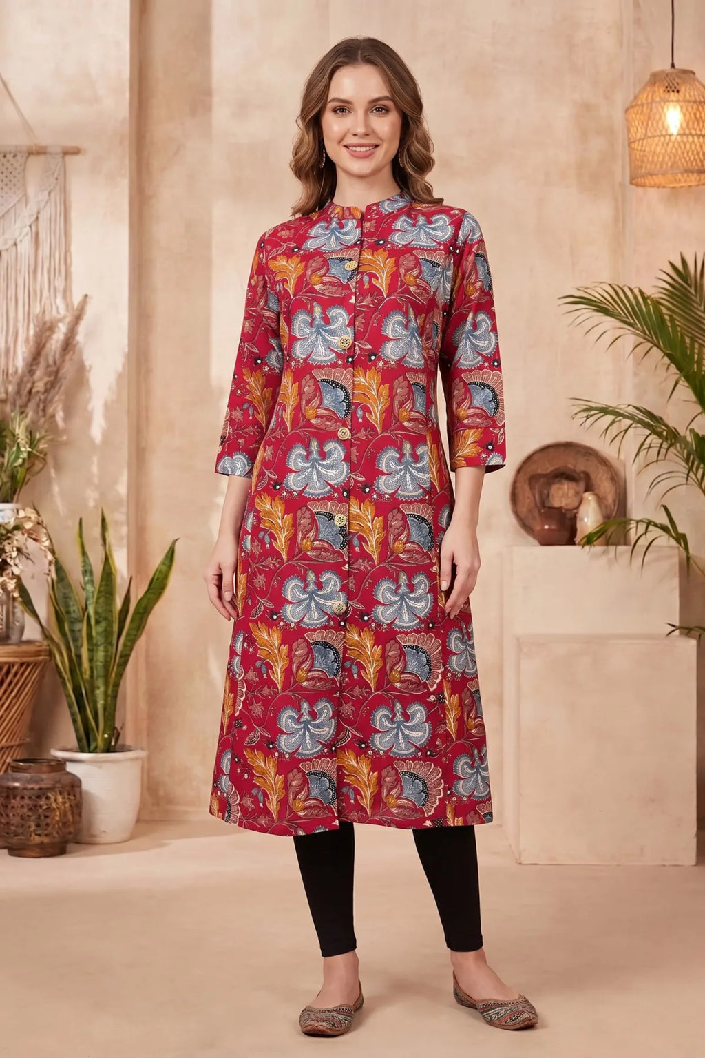 Cherry Red A-Line Long Kurta with Floral Print