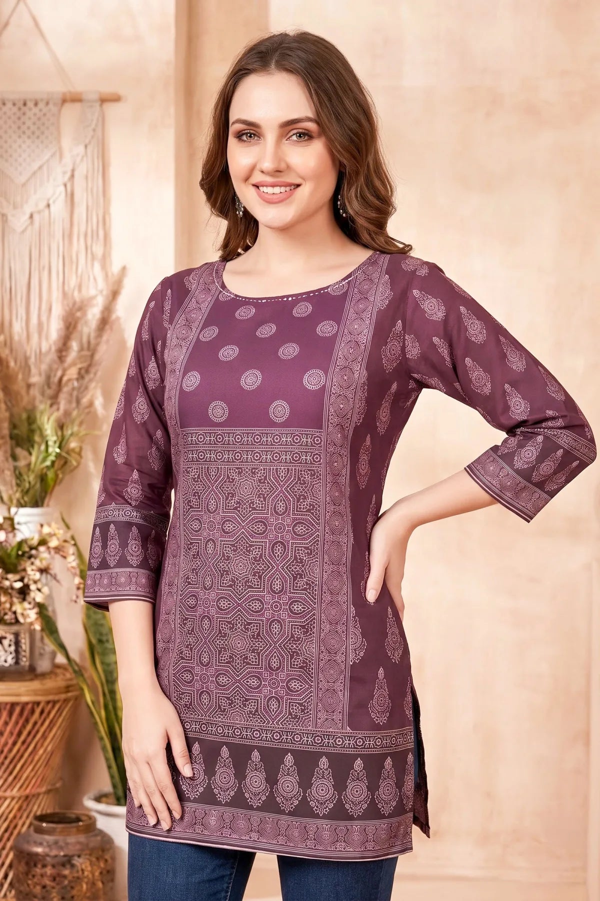 Rich Wine Ajrakh Print Cotton Blend Short Kurti with Thread Work