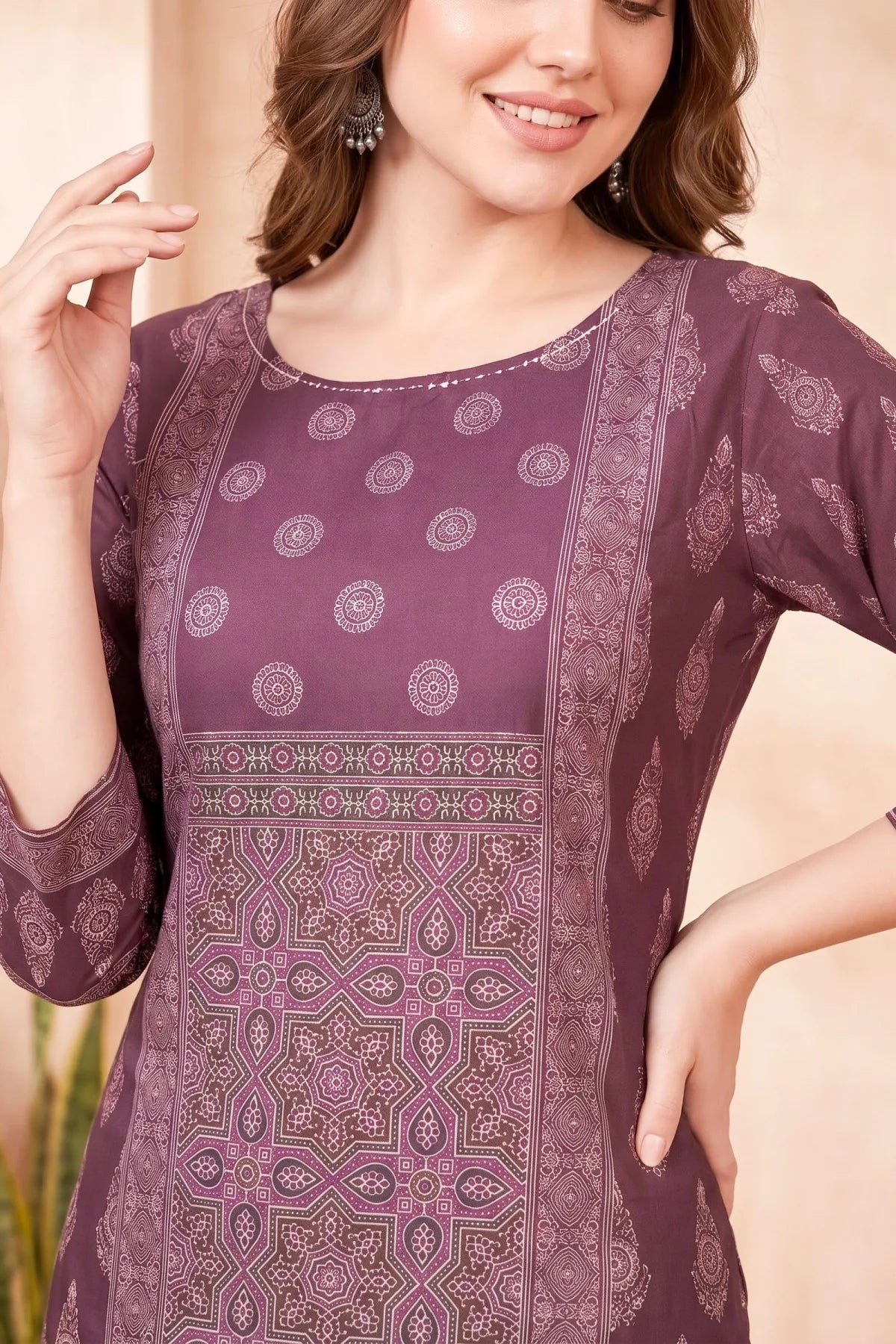 Rich Wine Ajrakh Print Cotton Blend Short Kurti with Thread Work