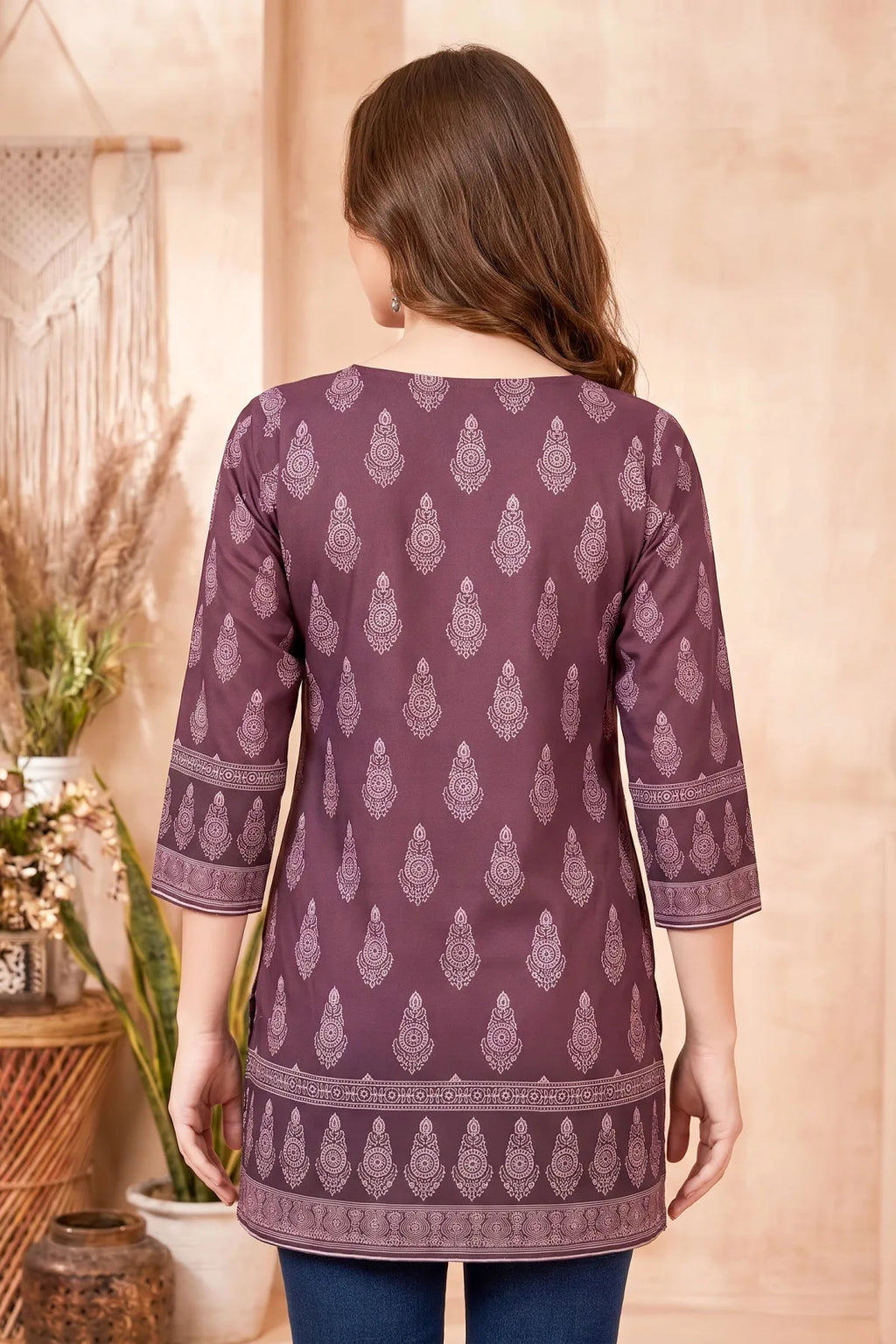 Rich Wine Ajrakh Print Cotton Blend Short Kurti with Thread Work
