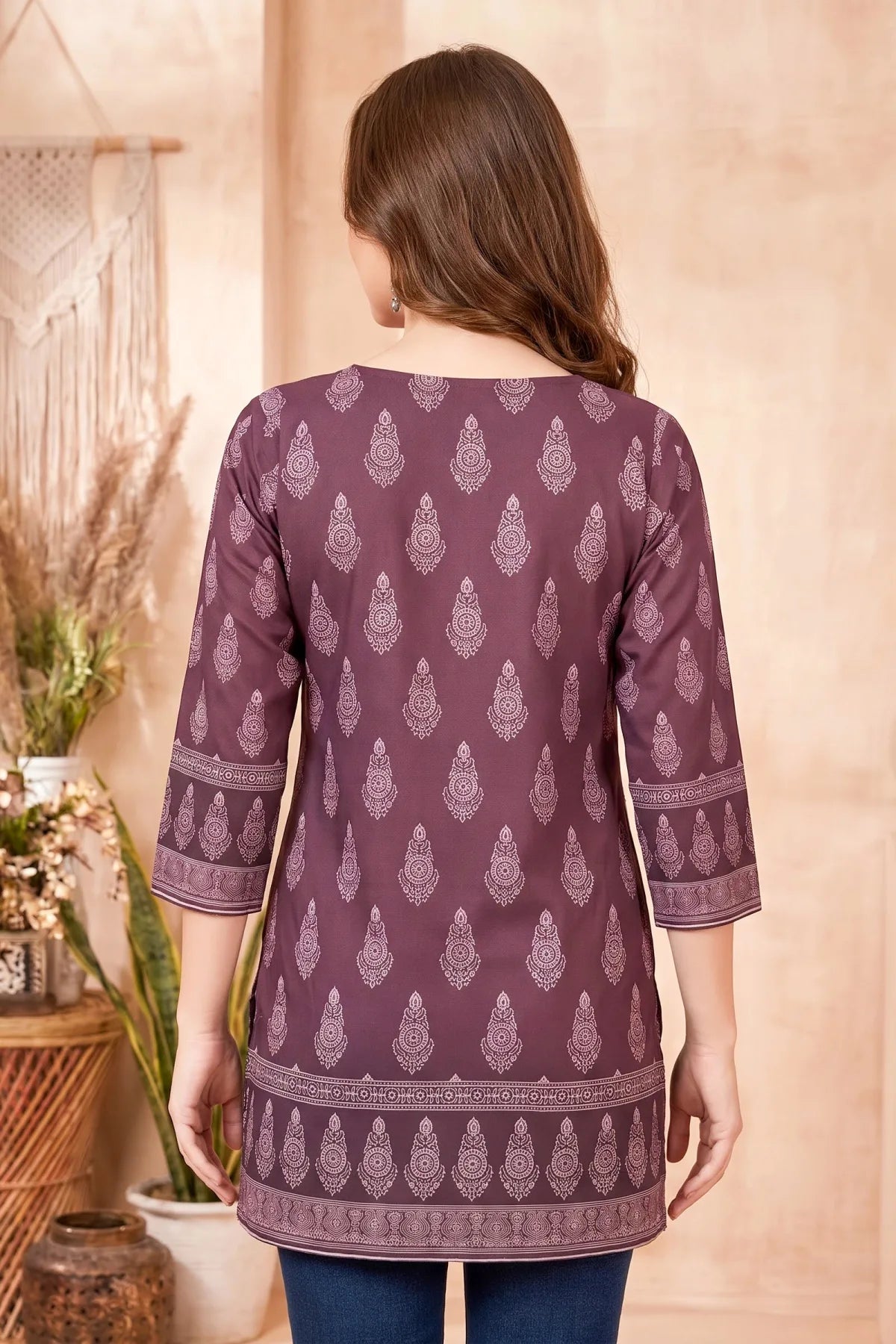 Rich Wine Ajrakh Print Cotton Blend Short Kurti with Thread Work
